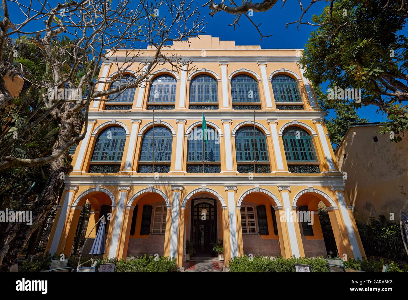 Facade of historic colonial mansion now housing Sir Robert Ho Tung Library. Macau, China. Stock Photo