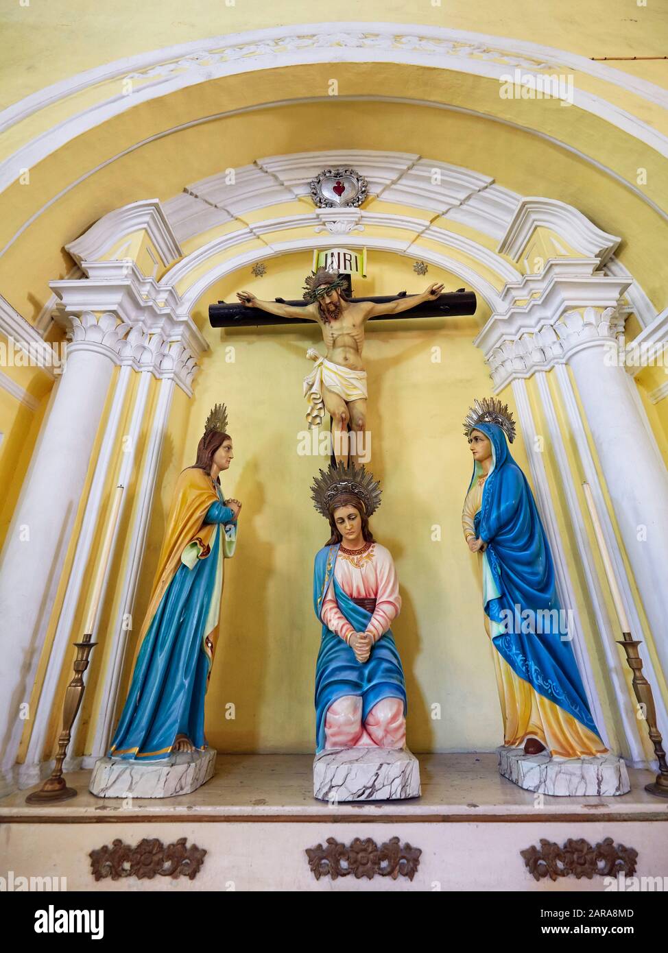 Women mourning crucifixion of Jesus, sculptural group in the St. Augustine’s Church, established by Spanish Augustinian priests in 1591. Macau, China. Stock Photo