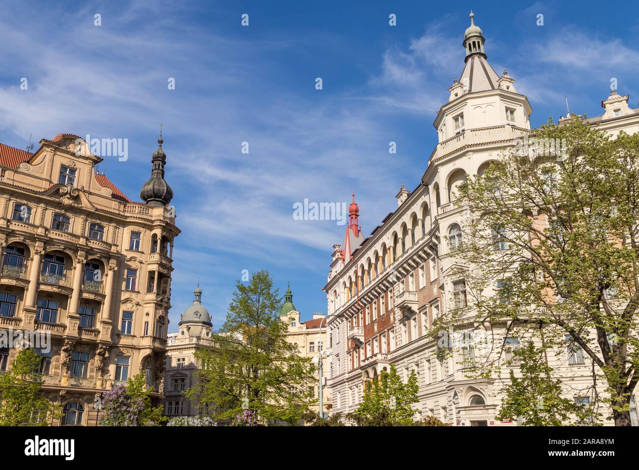 Facades of art nouveau buildings near Vltava river in the Newtown district, Prague, Bohemia, Czech Republic, Europe Stock Photo