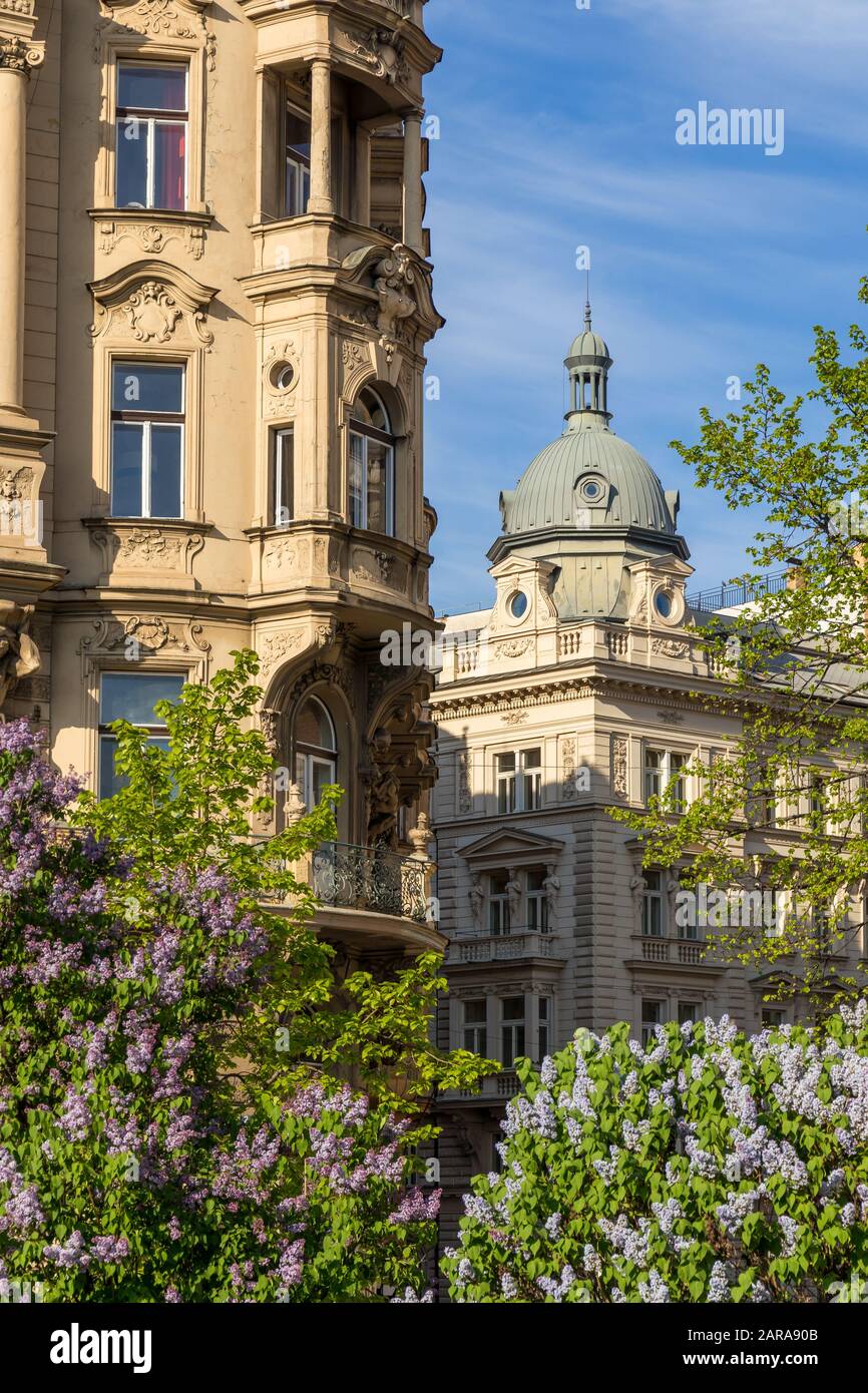 Facades of art nouveau buildings near Vltava river in the Newtown district, Prague, Bohemia, Czech Republic, Europe Stock Photo