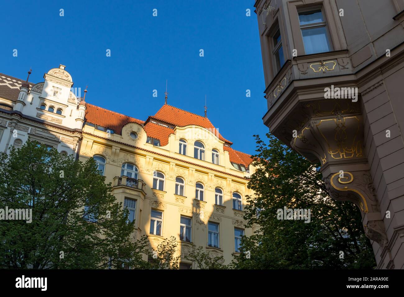 Facades of art nouveau buildings in the jewish quarter (Josefov), Prague, Bohemia, Czech Republic, Europe Stock Photo