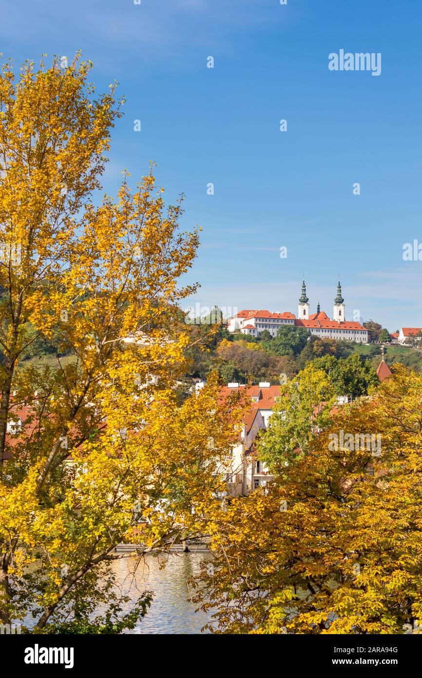Strahov Monastery seen from Charles Bridge, Prague, Bohemia, Czech Republic, Europe Stock Photo