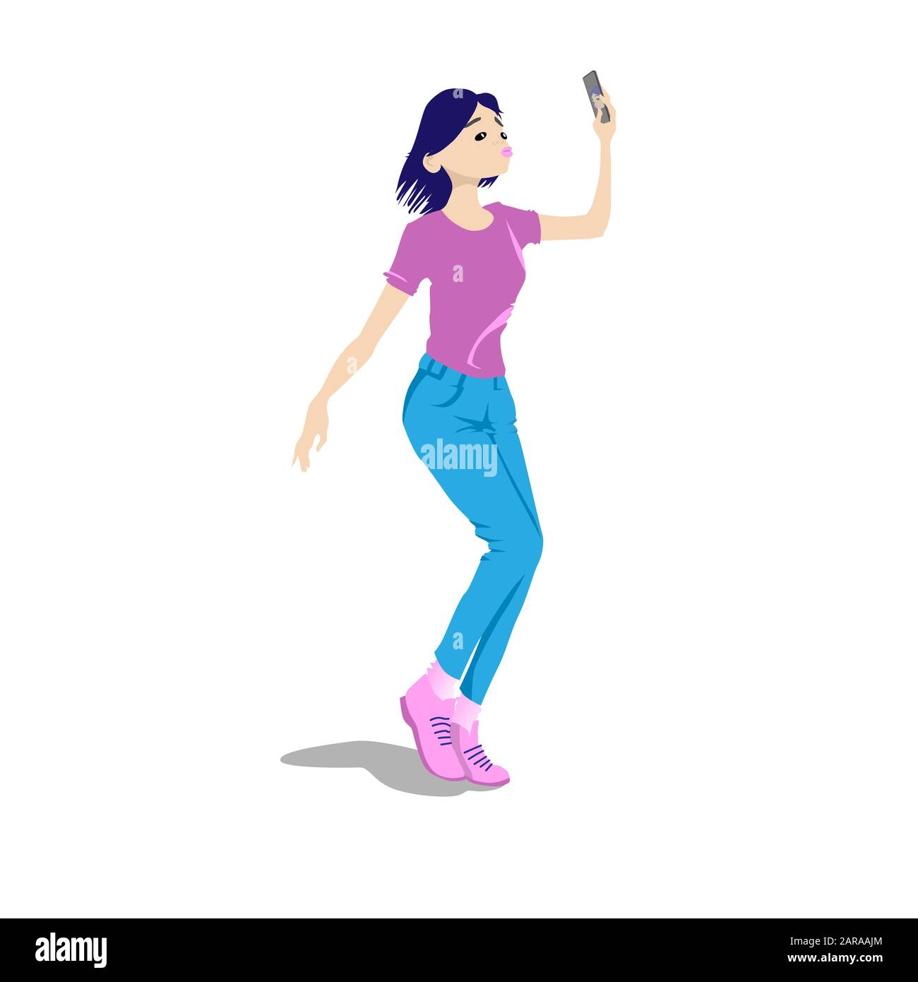 Attractive young girl takes a selfie on the phone depicting a kiss. Cute cartoon character flat style vector illustration. Stock Vector