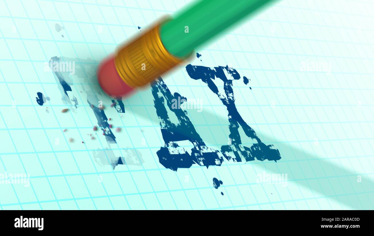 Original 3d rendering of a standard green pencil with a ferrule and eraser taking away a blue symbol from a white sheet of paper. It looks blurred and Stock Photo
