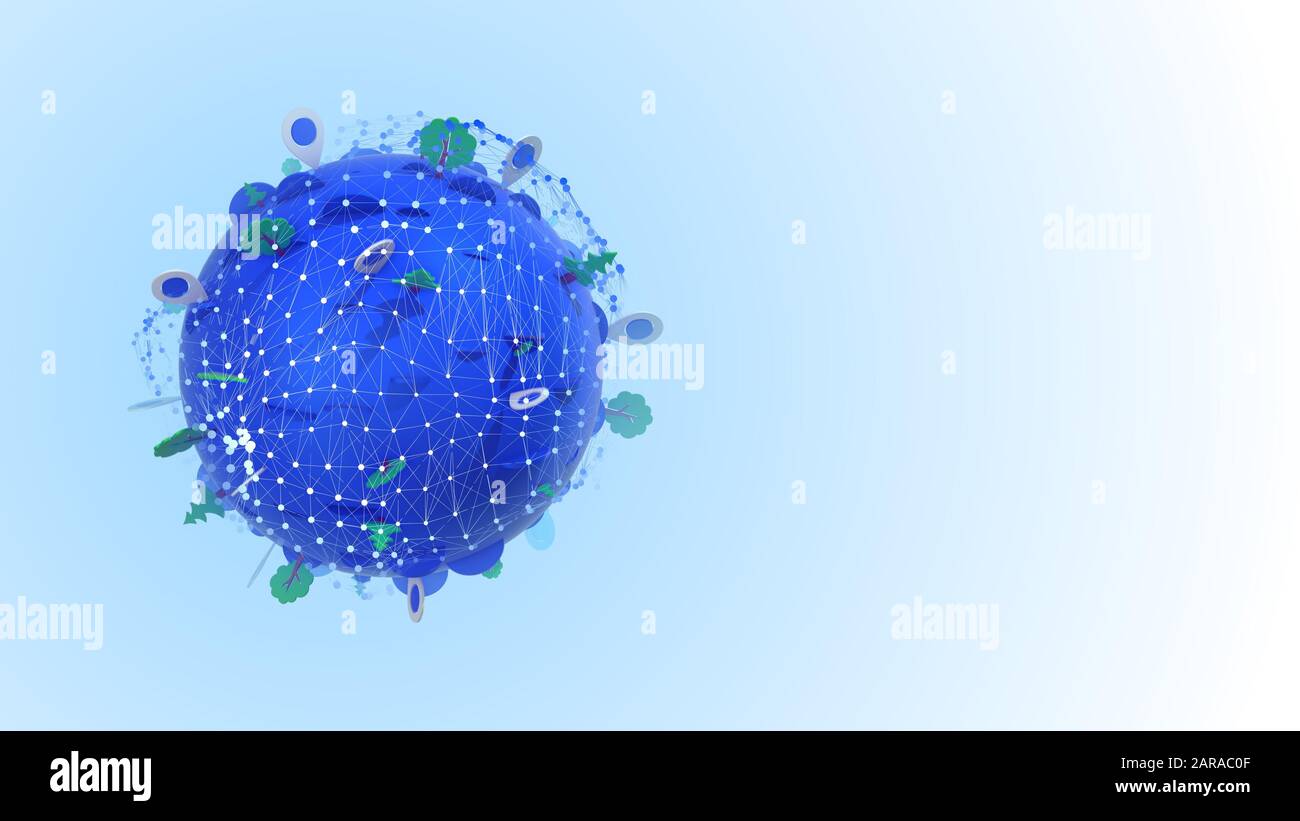 Multidimensional 3d illustration of a blue globe with modules, trees ...