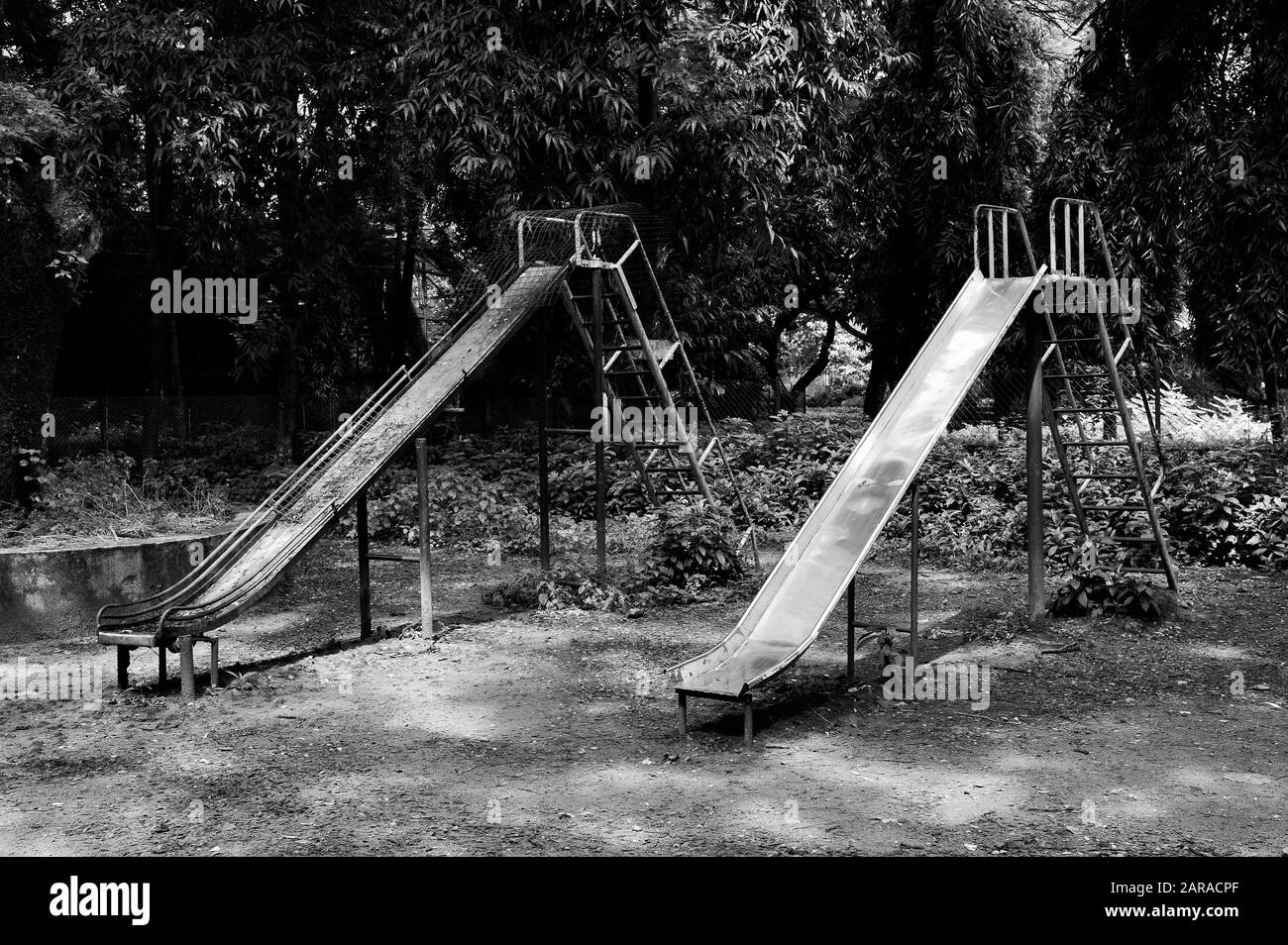 Two empty Slides, Veermata Jijabai Bhosale Udyan, Byculla Zoo, Mumbai, Maharashtra, India, Asia Stock Photo