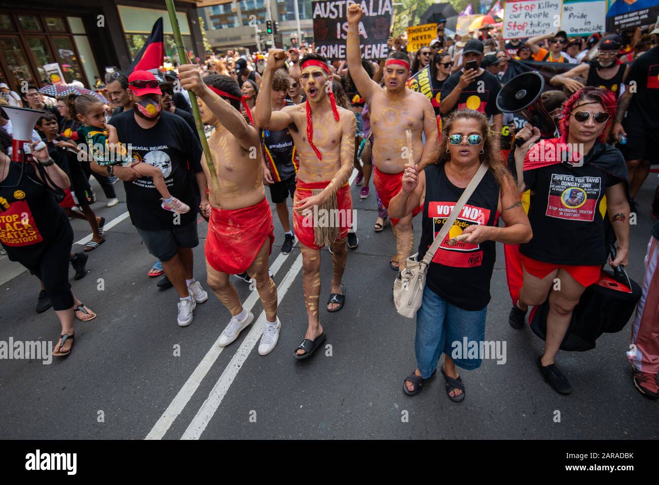 Sydney, NSW, AUSTRALIA - January 26, 2020: Thousands of aboriginal protesters in Hyde Park Sydney ask the government to change Australia Day date. Stock Photo