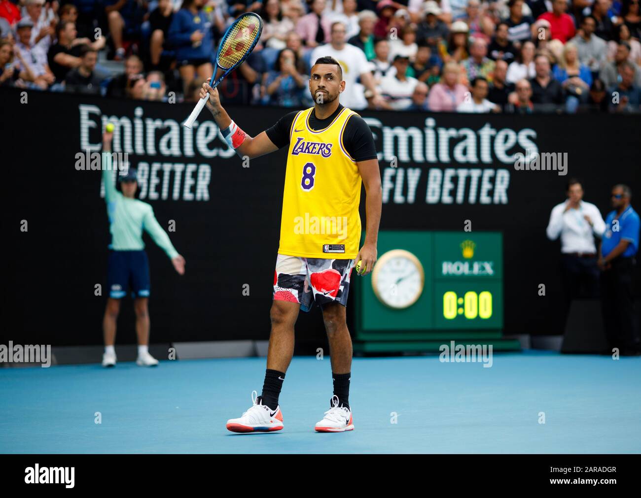 NICK KYRGIOS (AUS) wears a Lakers jersey to commemorate the passing of Kobe Bryant during a warm up session prior to his match against Rafael Nadal. Stock Photo