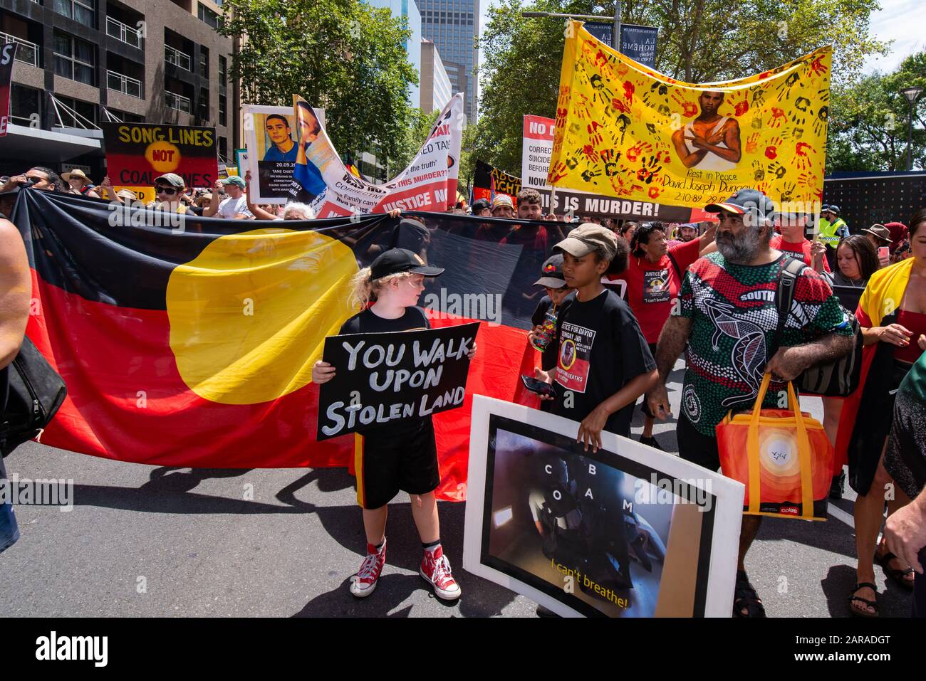 Sydney, NSW, AUSTRALIA - January 26, 2020: Thousands of aboriginal protesters in Hyde Park Sydney ask the government to change Australia Day date. Stock Photo