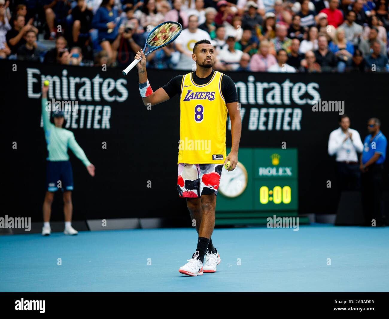 NICK KYRGIOS (AUS) wears a Lakers jersey to commemorate the passing of Kobe Bryant during a warm up session prior to his match against Rafael Nadal. Stock Photo