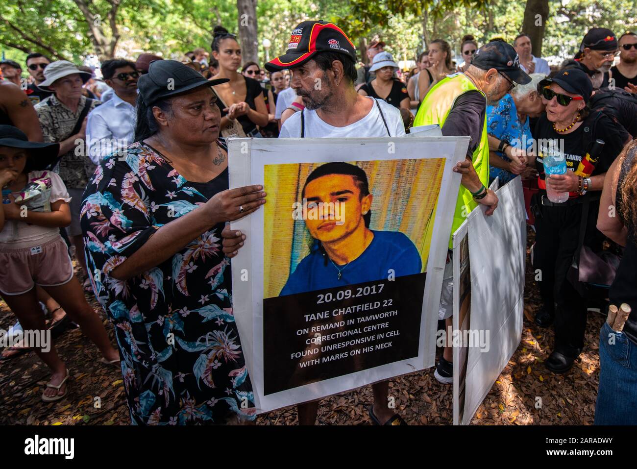 Sydney, NSW, AUSTRALIA - January 26, 2020: Thousands of aboriginal protesters in Hyde Park Sydney ask the government to change Australia Day date. Stock Photo