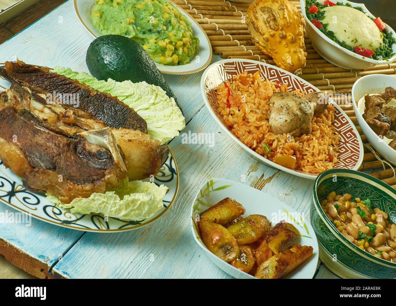 Kenyan cuisine, Traditional assorted African dishes, Top view. Stock Photo