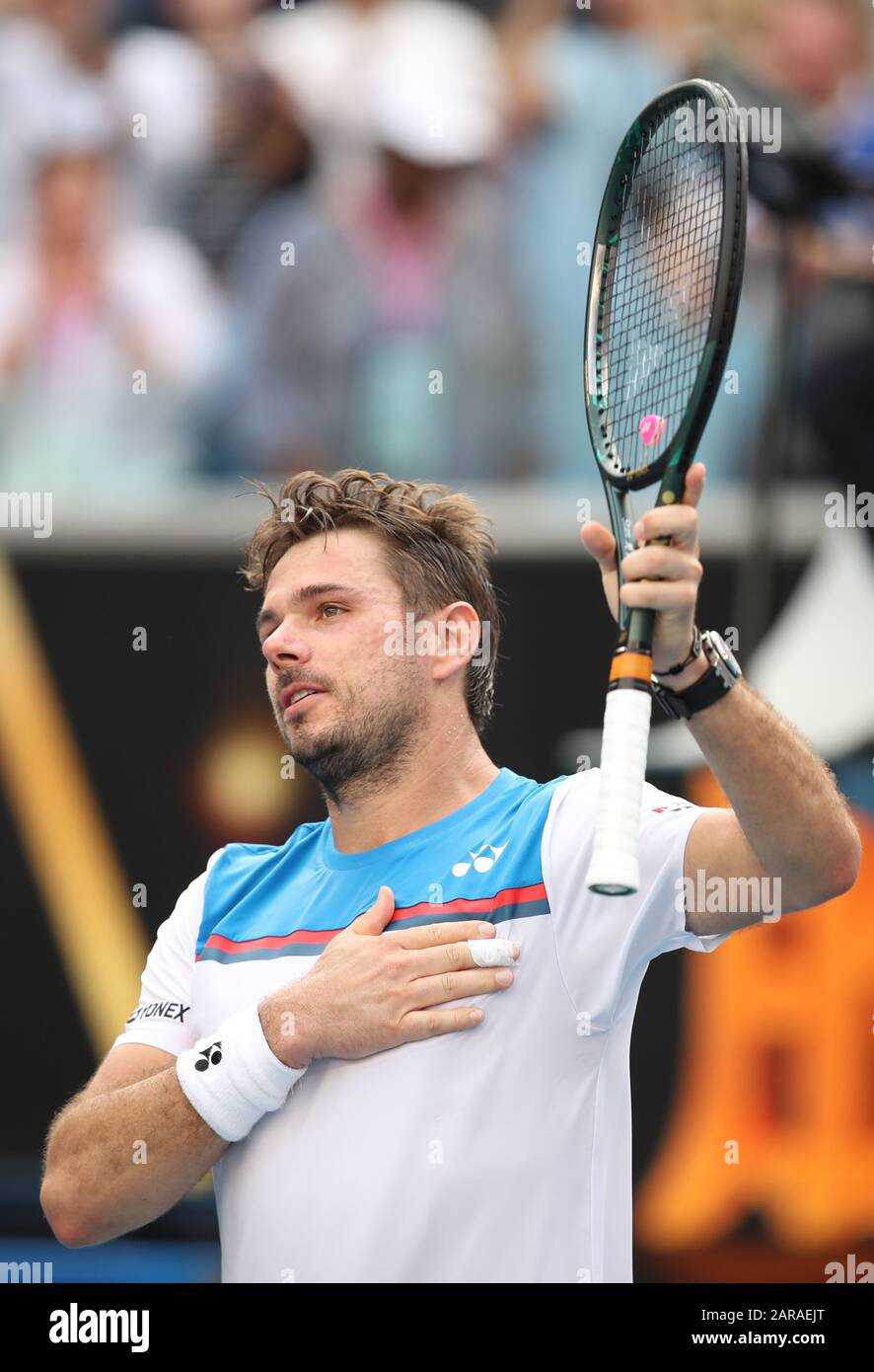 Melbourne, Australia. 27th Jan, 2020. Stan Wawrinka celebrates victory  after the men's single's fourth round match between Stan Wawrinka of  Switzerland and Daniil Medvedev of Russia at the Australian Open tennis  tournament