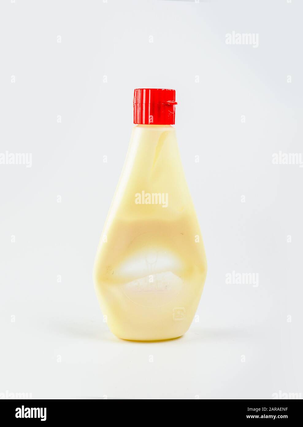 Used mayonnaise bottle on white backgrond, plastic bottle used Stock Photo Alamy