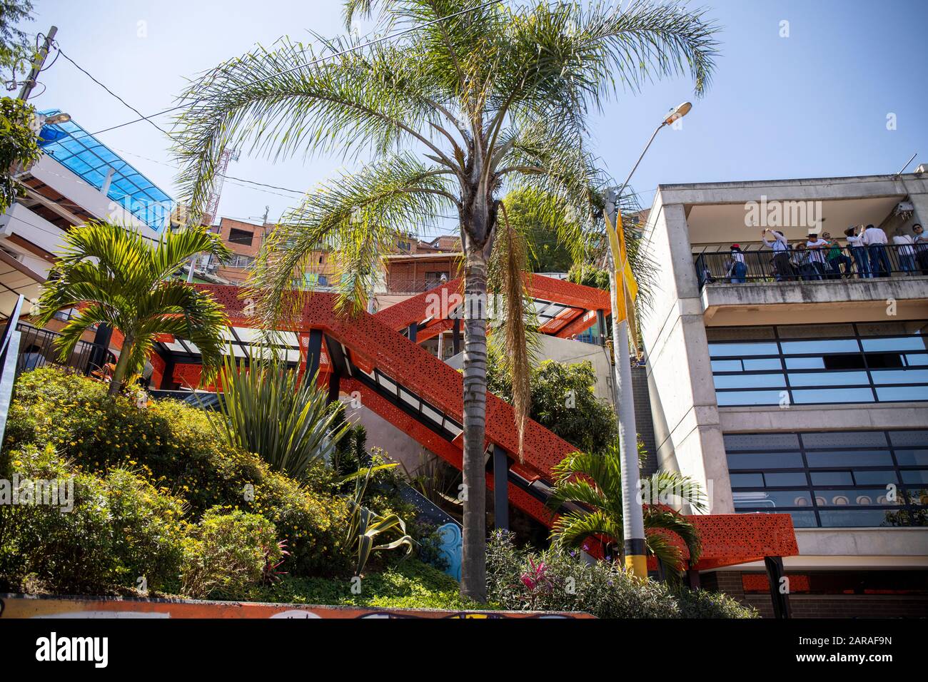 Medellin, Colombia:  Comuna 13 was considered the most dangerous area in Medellin. The escalator project has helped to transform the area. Stock Photo
