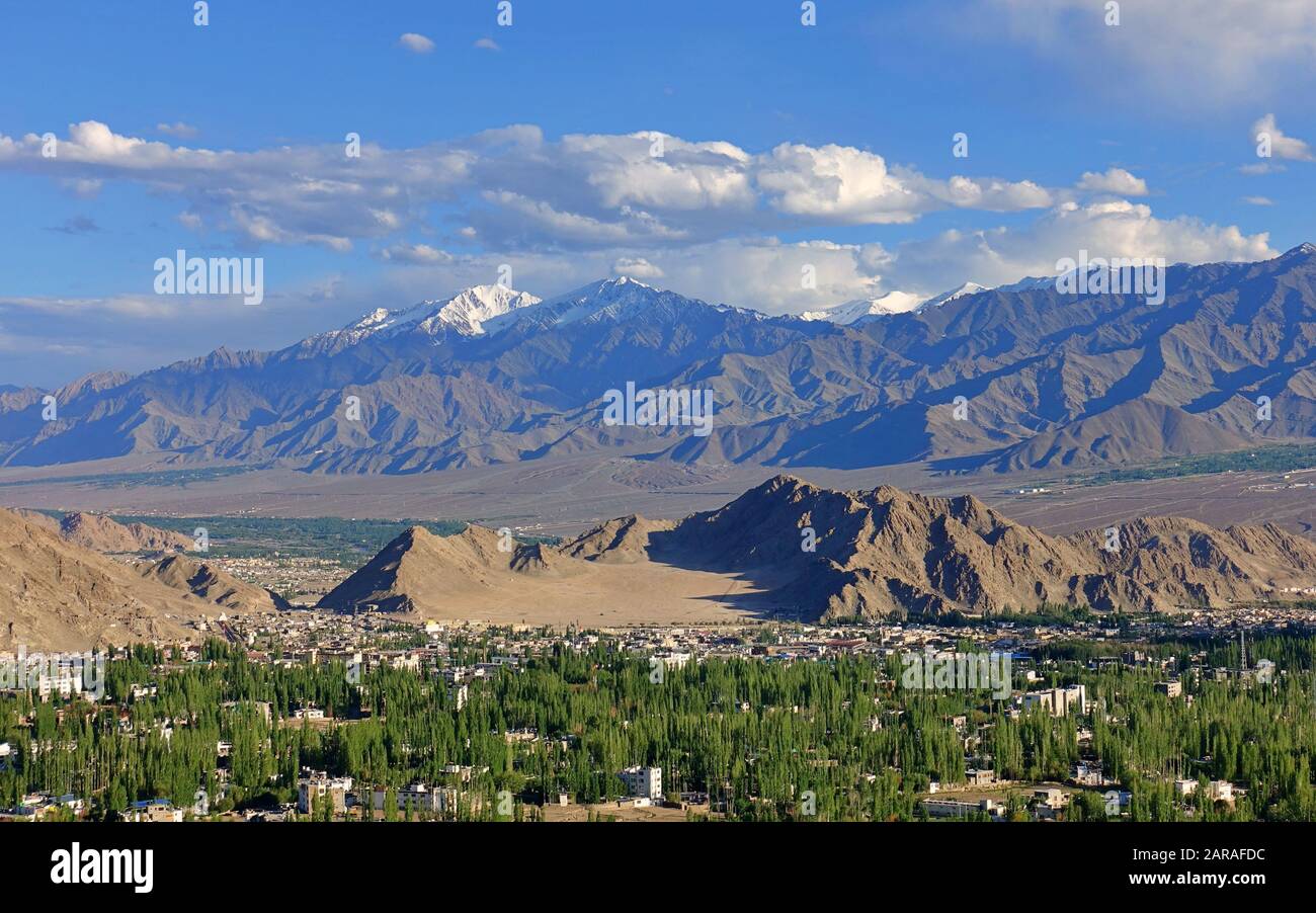 The southern parts of Leh and the bare Himalayan mountains- View from the Shanti Stupa in Leh district, Ladakh, in the north India - 2019 Stock Photo