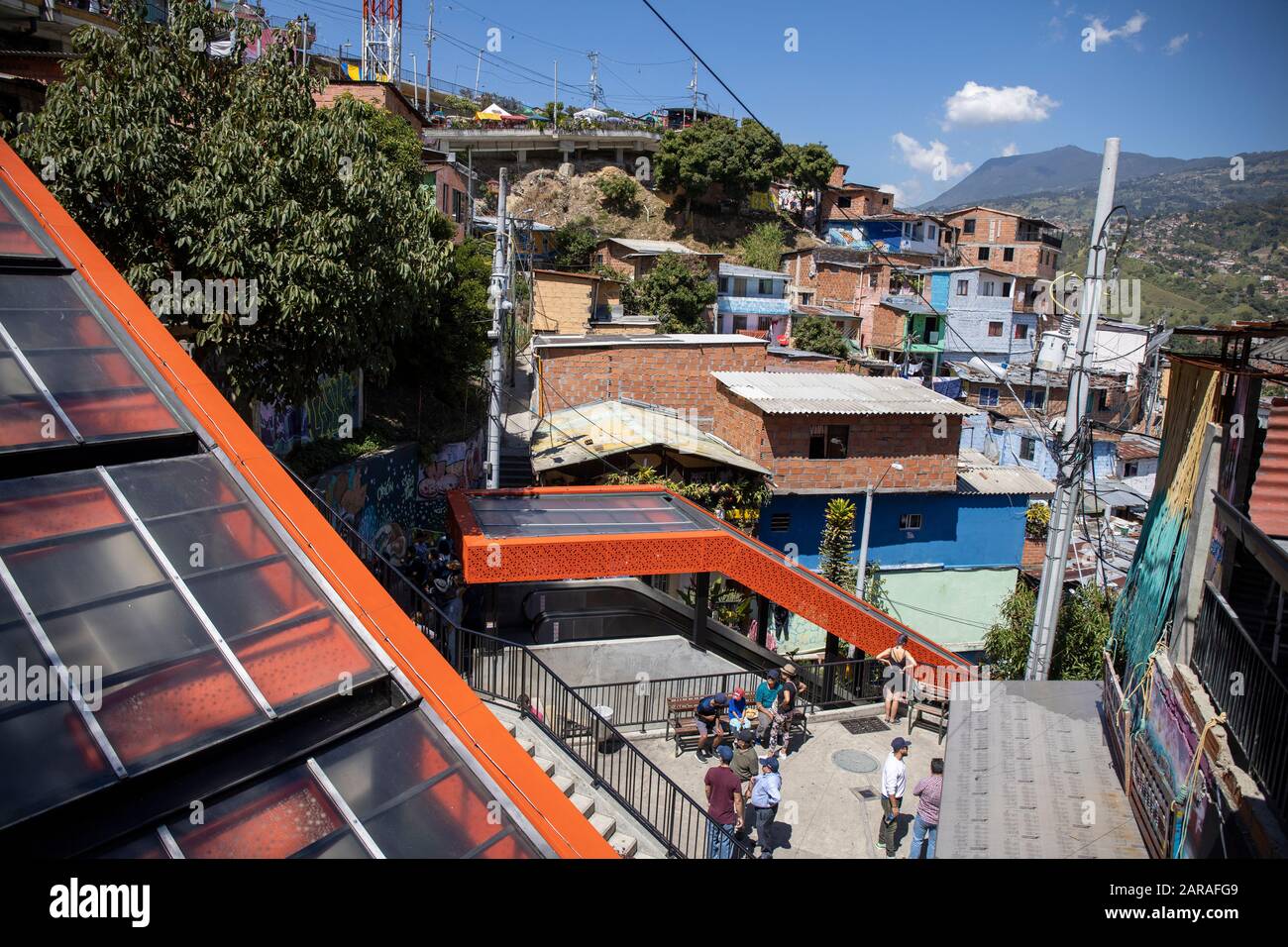 Medellin, Colombia:  Comuna 13 was considered the most dangerous area in Medellin. The escalator project has helped to transform the area. Stock Photo