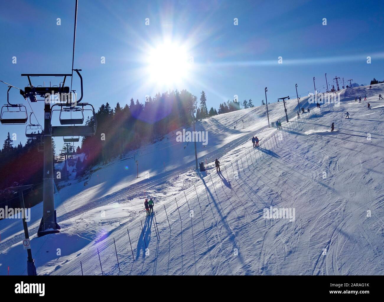 Sunny day at ski resort. Rogla, Slovenia. Stock Photo