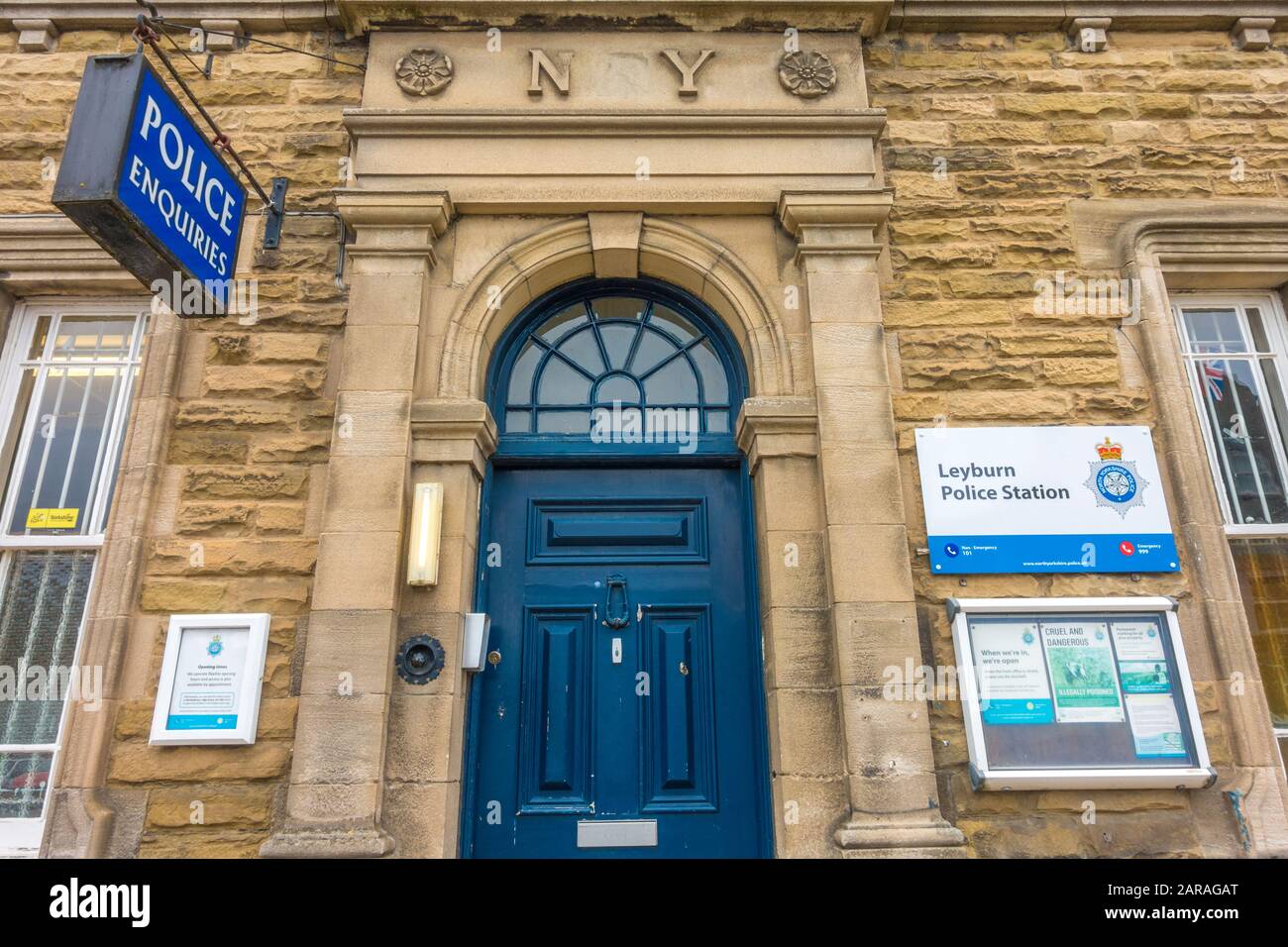 The outside of a police station, located in a period stone building in the market town of Leyburn, Richmondshire, North Yorkshire, England, UK. Stock Photo