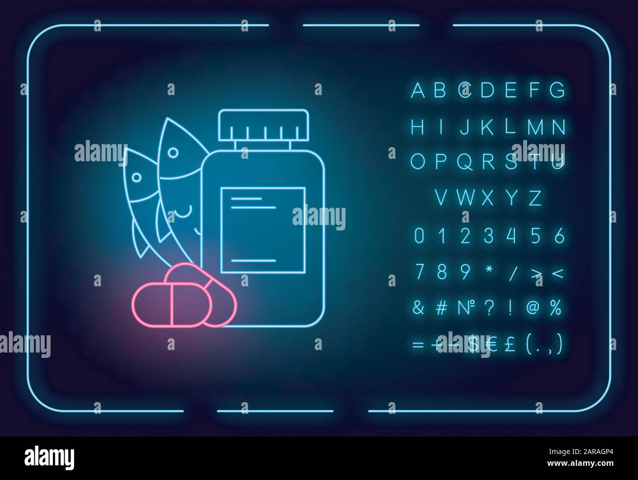 Vitamin intake neon light icon. Fish oil supply. Omega-3 supplement ...