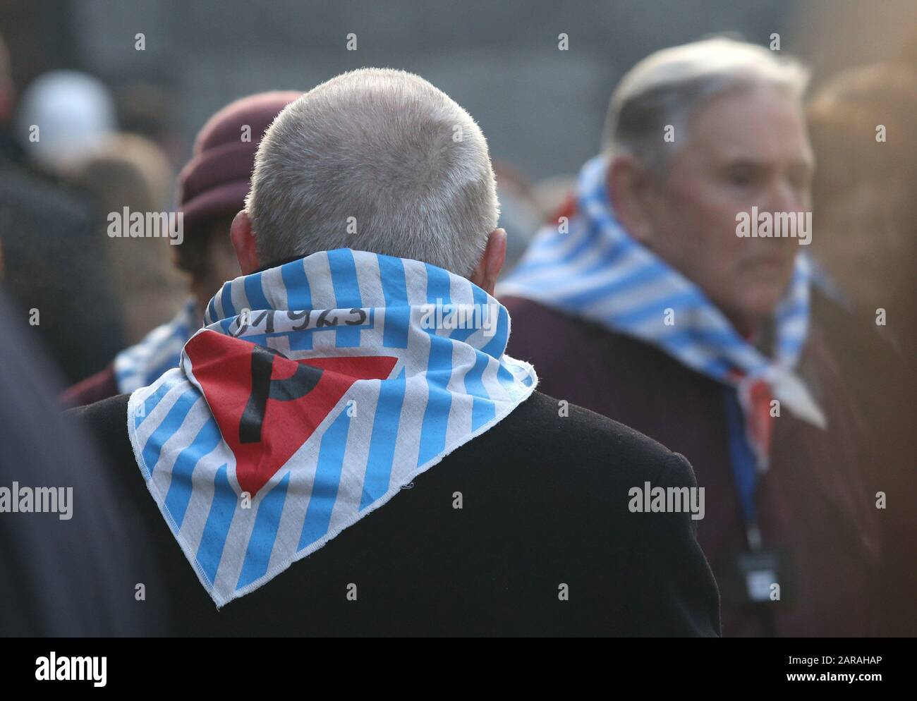 Oswiecim, Poland. 27th Jan, 2020. Former prisoners of the Auschwitz-Birkenau concentration camp. 75th anniversary of Auschwitz liberation and Holocaust Remembrance Day. The biggest German Nazi concentration and extermination camp KL Auschwitz-Birkenau was liberated by the Red Army on 27 January 1945. Credit: Damian Klamka/ZUMA Wire/Alamy Live News Stock Photo