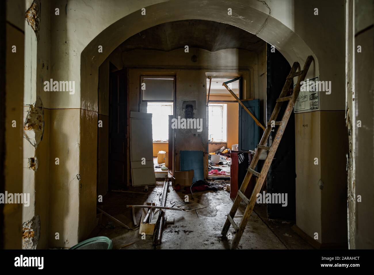 Inside old Orlovka Asylum for the insane in Voronezh Region. Dark creepy abandoned mental hospital Stock Photo