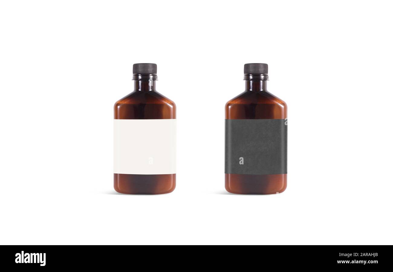 Blank amber plastic bottle with black and white label mockup Stock Photo