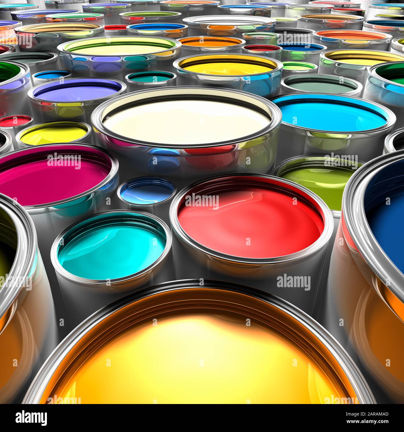 Open Paint Cans full of colour. Low viewpoint A Fresh coat of paint, a lick of paint Stock Photo