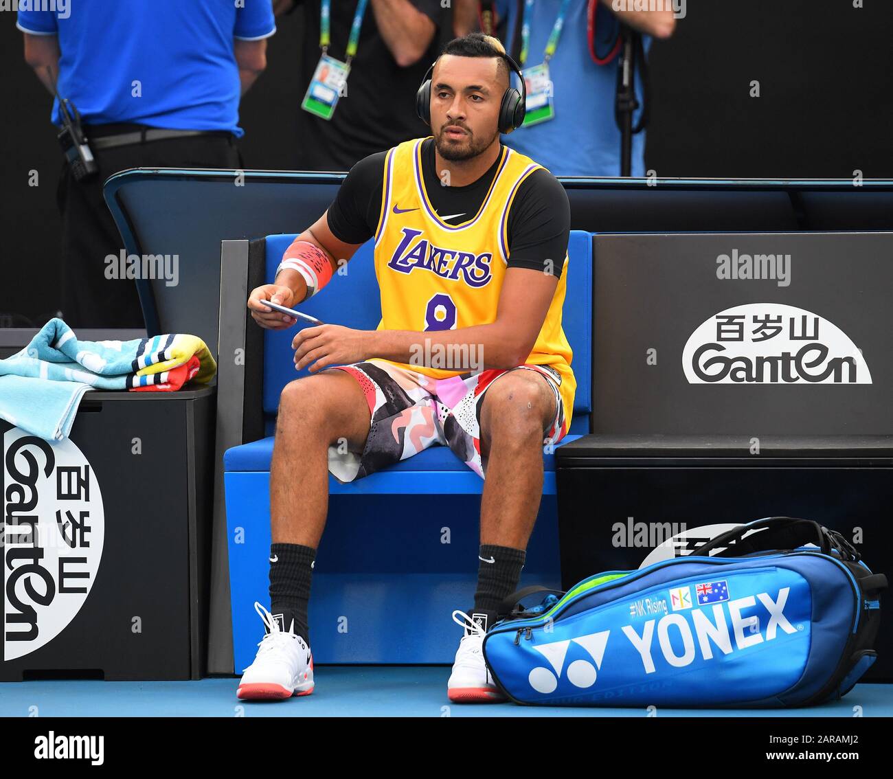 Melbourne, Australia. 27th Jan, 2020. Melbourne Park Australian Open Day 8 27/01/20 Nick Kyrgios (AUS)v Rafa Nadal (ESP) fourth round match Kyrgios arrives on court wearing an LA Lakers shirt in respect of legend Kobe Bryant who died today in a helicopter crash. Credit: Roger Parker/Alamy Live News Stock Photo