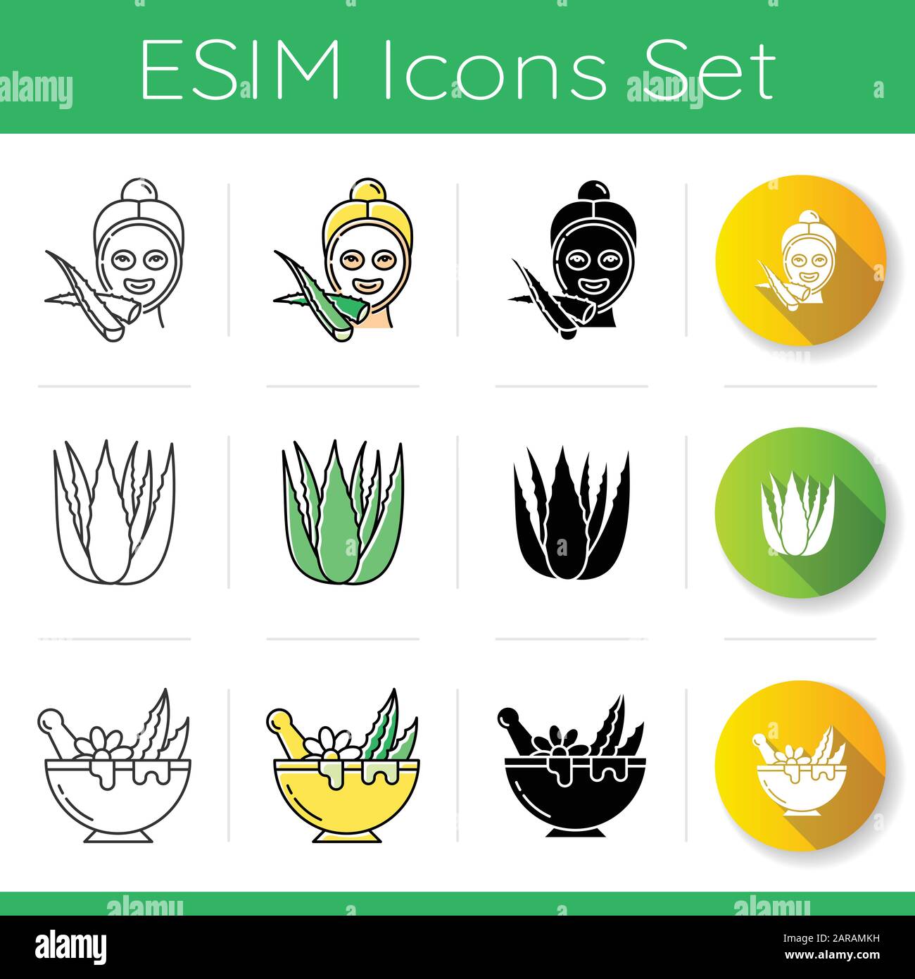 Aloe vera icons set. Female spa treatment. Succuletn and cactus. Medicinal herbs products. Dermatology and skincare. Vegan cosmetic. Linear, black and Stock Vector