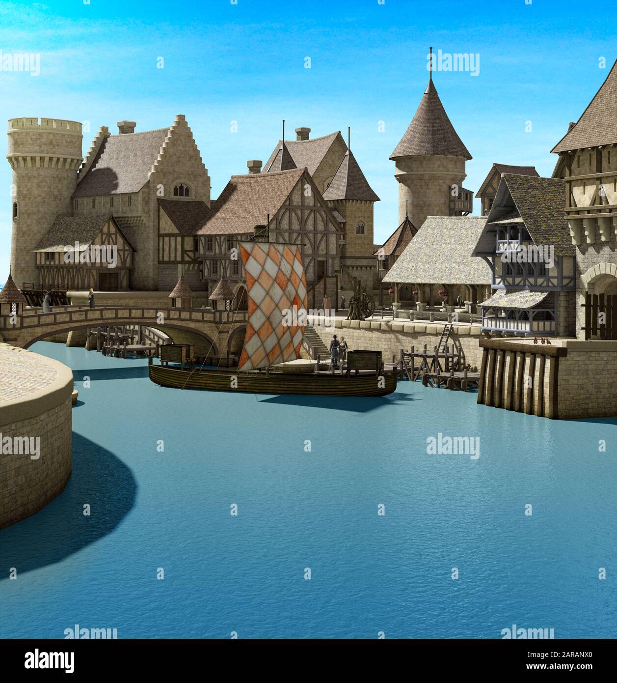 Reconstruction of a Medieval harbor, port with a bridge, town and wooden  docks, 3d render Stock Photo - Alamy