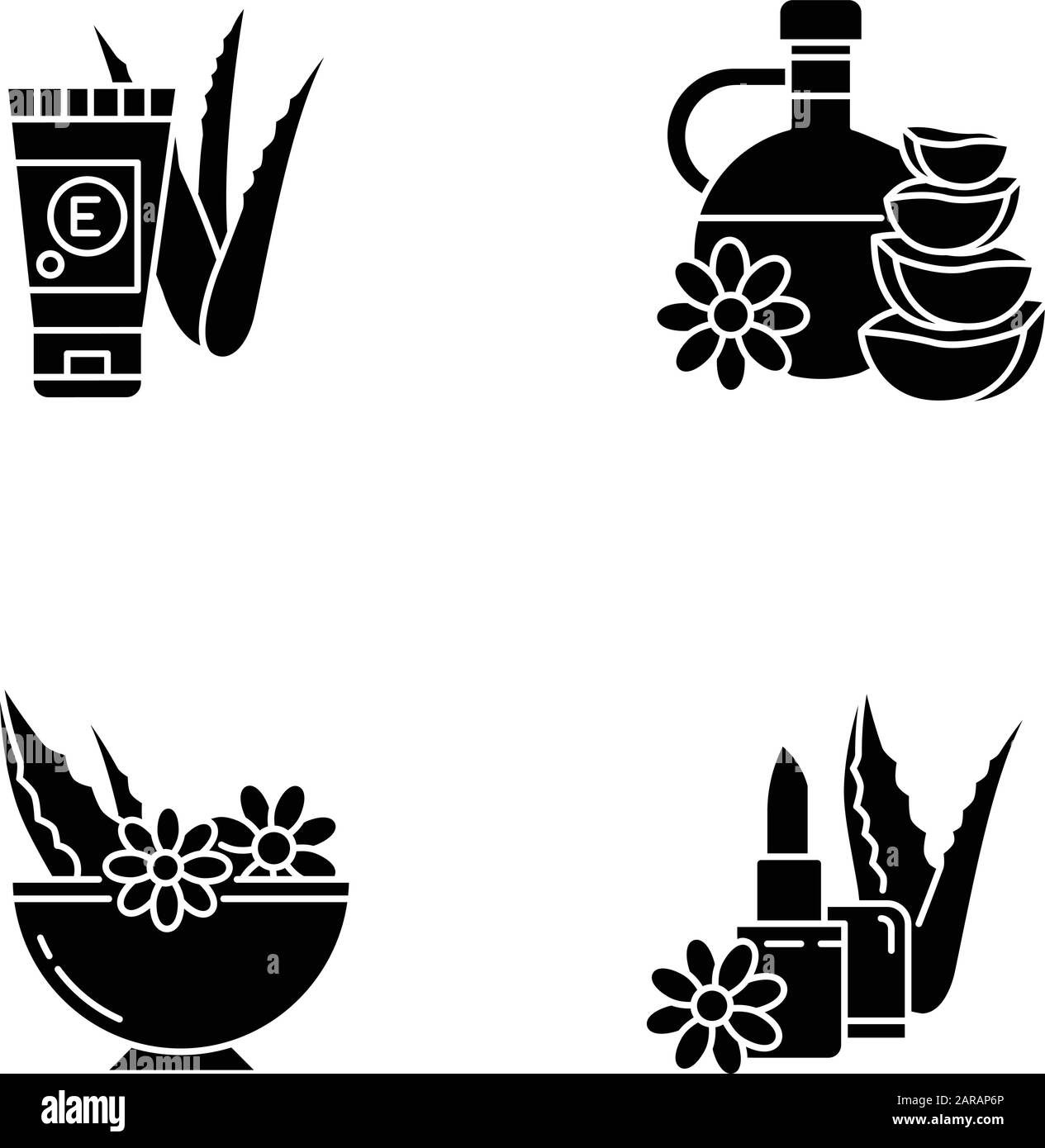 Aloe vera black glyph icons set on white space. Moisturizing spray ...