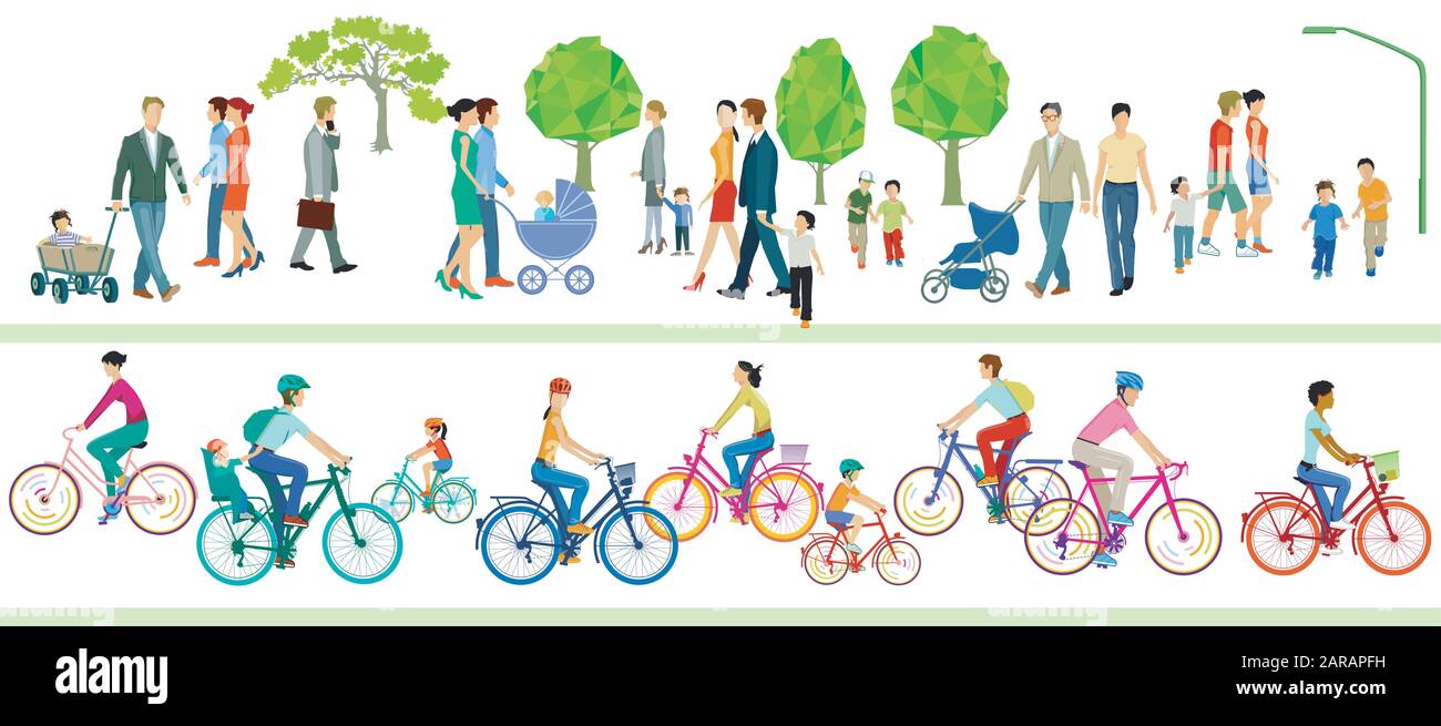 Cyclists and families, group of people Stock Vector