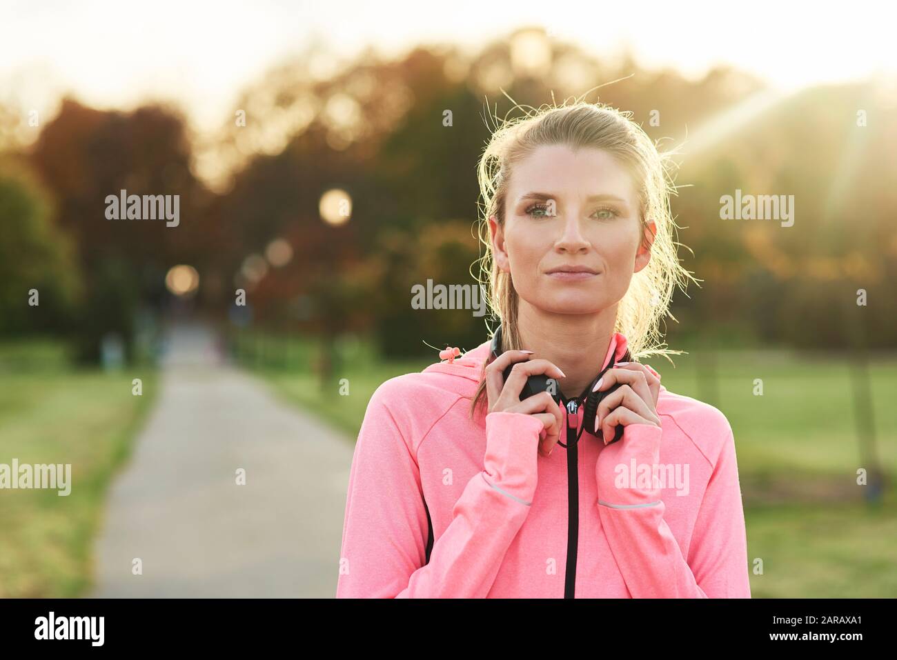 Female athlete during a short break Stock Photo