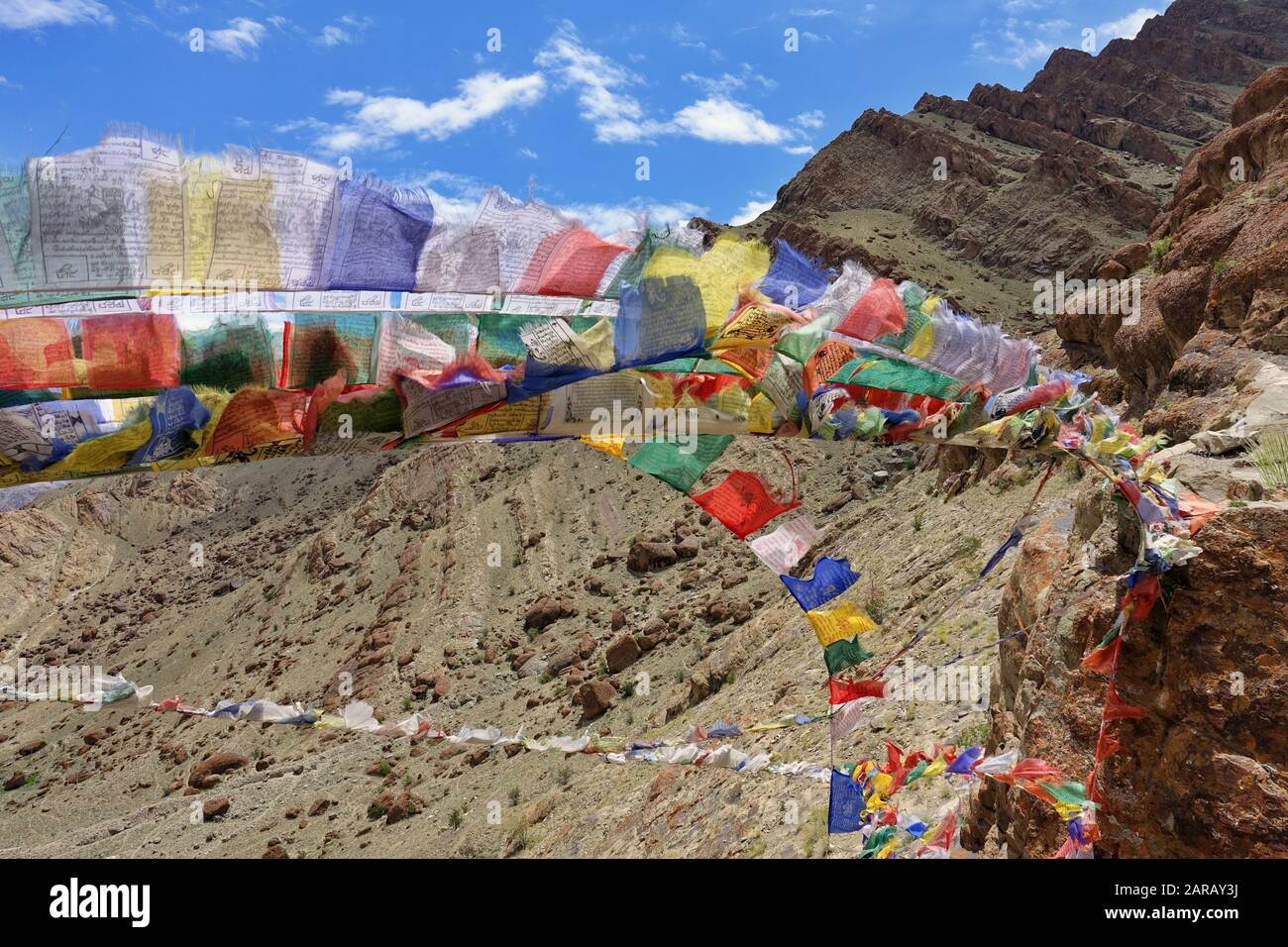 Tibetan prayer flags of the Hemis Monastery in the Leh district of Ladakh high in the Himalayas - India 2019 Stock Photo