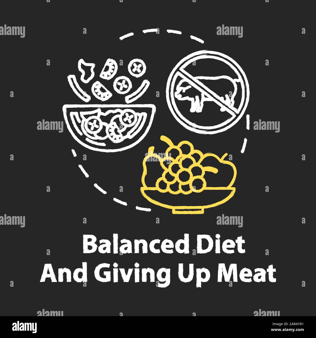 Balanced diet and giving up meat chalk RGB color concept icon. No ...