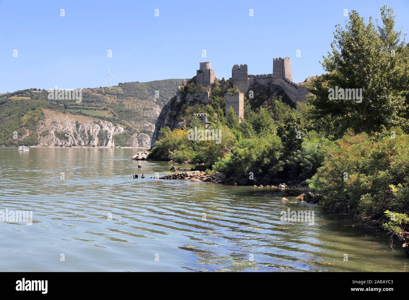Serbia landmark. Golubac Fortress on Danube River in region of Branicevo. Stock Photo