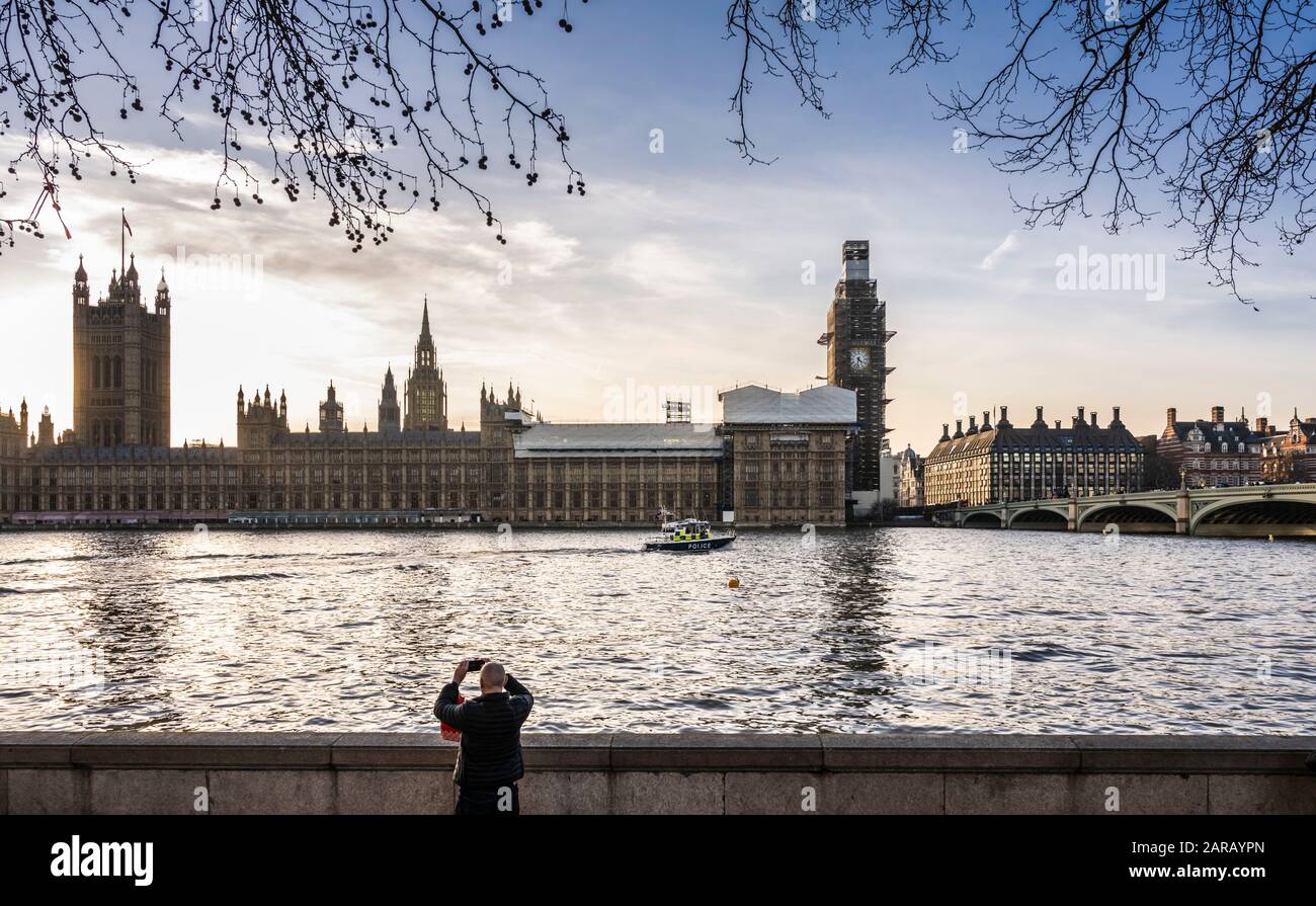 The Palace of Westminster (UK Parliament) before sunset on a winter evening Stock Photo