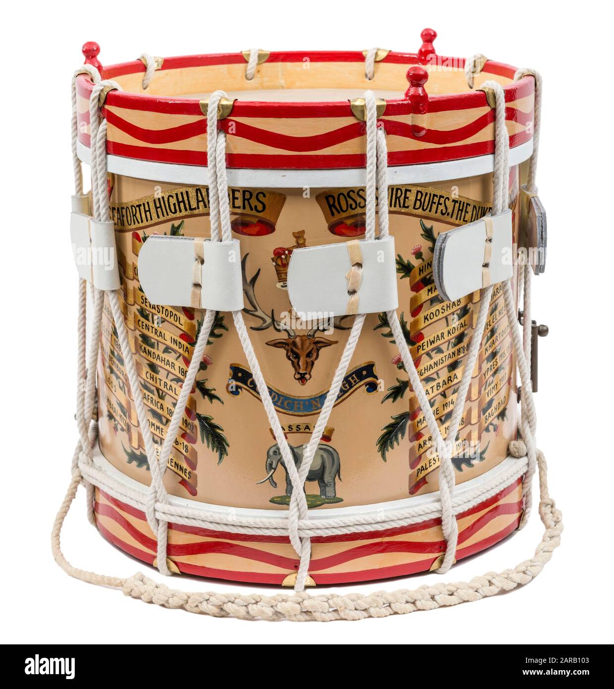 A painted brass side drum of the 2nd Battalion Seaforth Highlanders Stock Photo