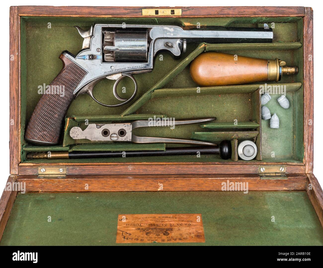 Beaumont Adams five shot 54 bore double action percussion revolver in a wooden baize lined case Stock Photo