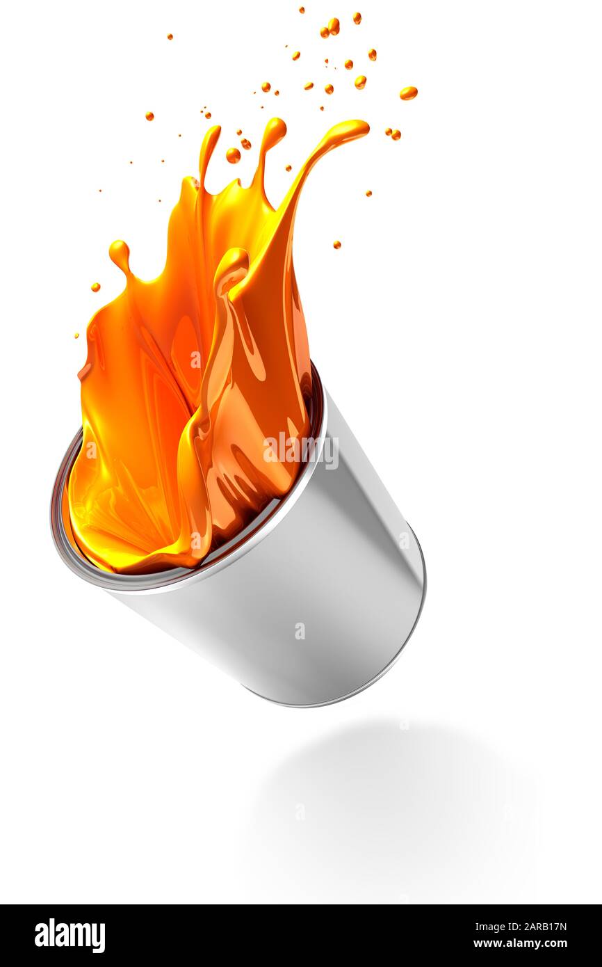 Falling paint can, paint spilling out, accident. White background Stock Photo