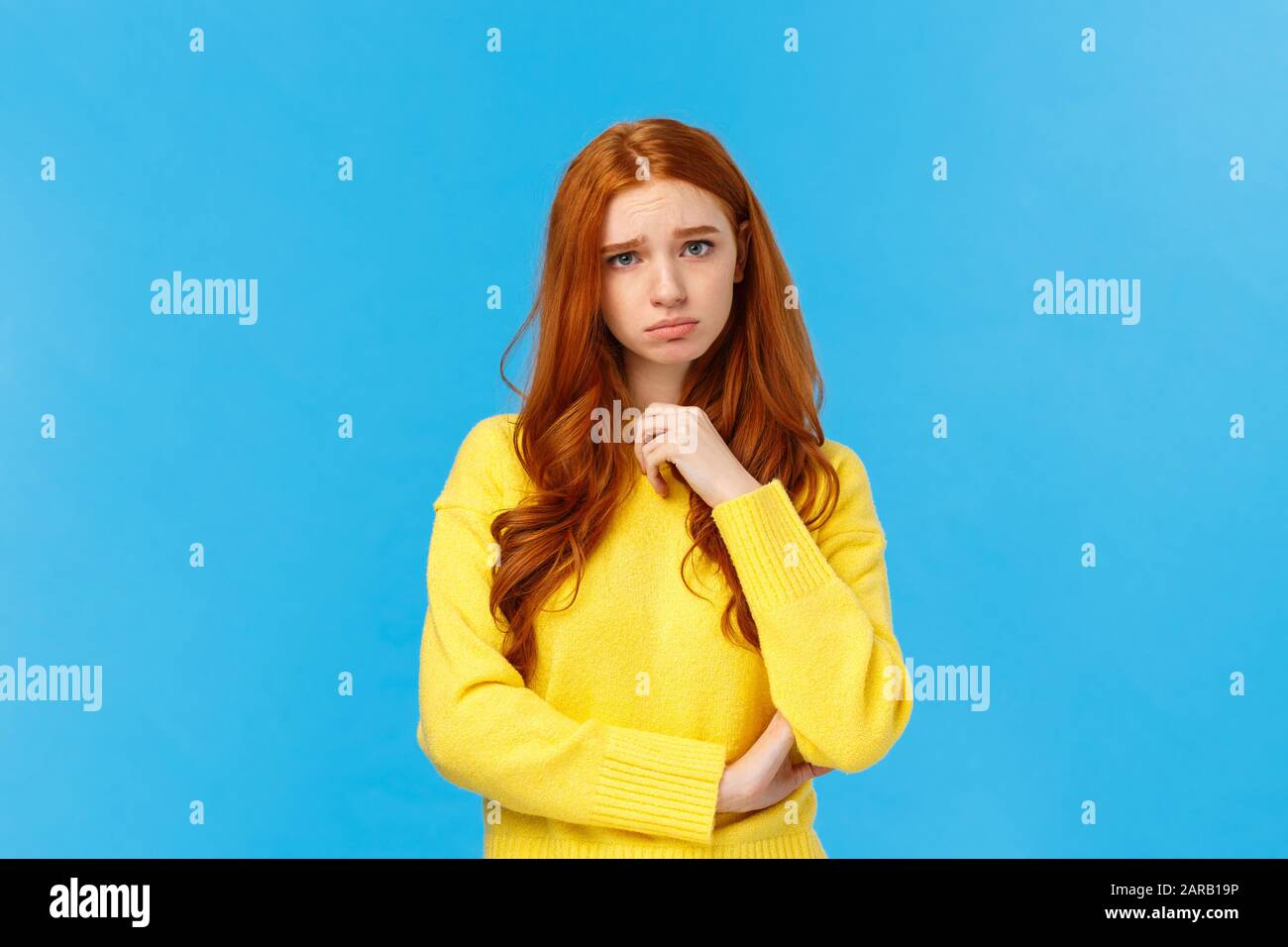 Upset Redhead Girl Showing Empathy Pity For Friend Hearing Sad News 