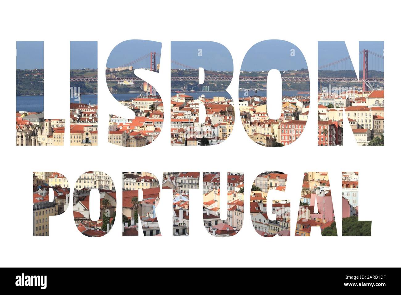 Lisbon sign - Portugal capital city name with background travel postcard photo. Stock Photo