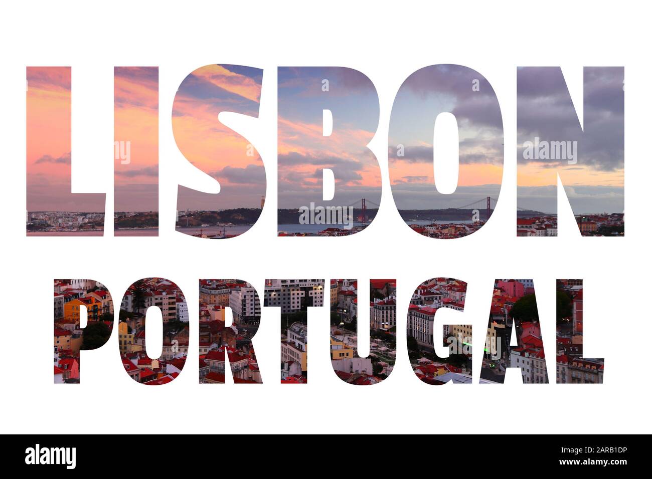 Lisbon sign - Portugal capital city name with background travel postcard photo. Stock Photo