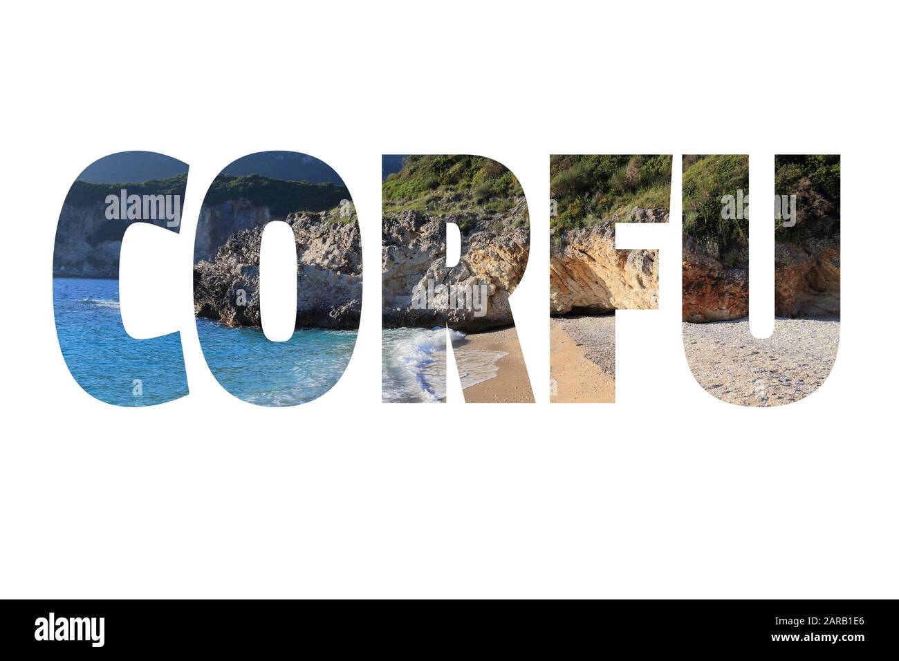 Corfu sign - Greek island name with background travel postcard photo. Stock Photo