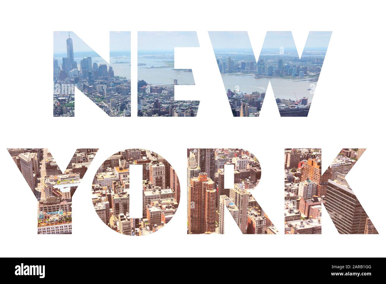 New York sign - city name with background travel postcard image. Stock Photo