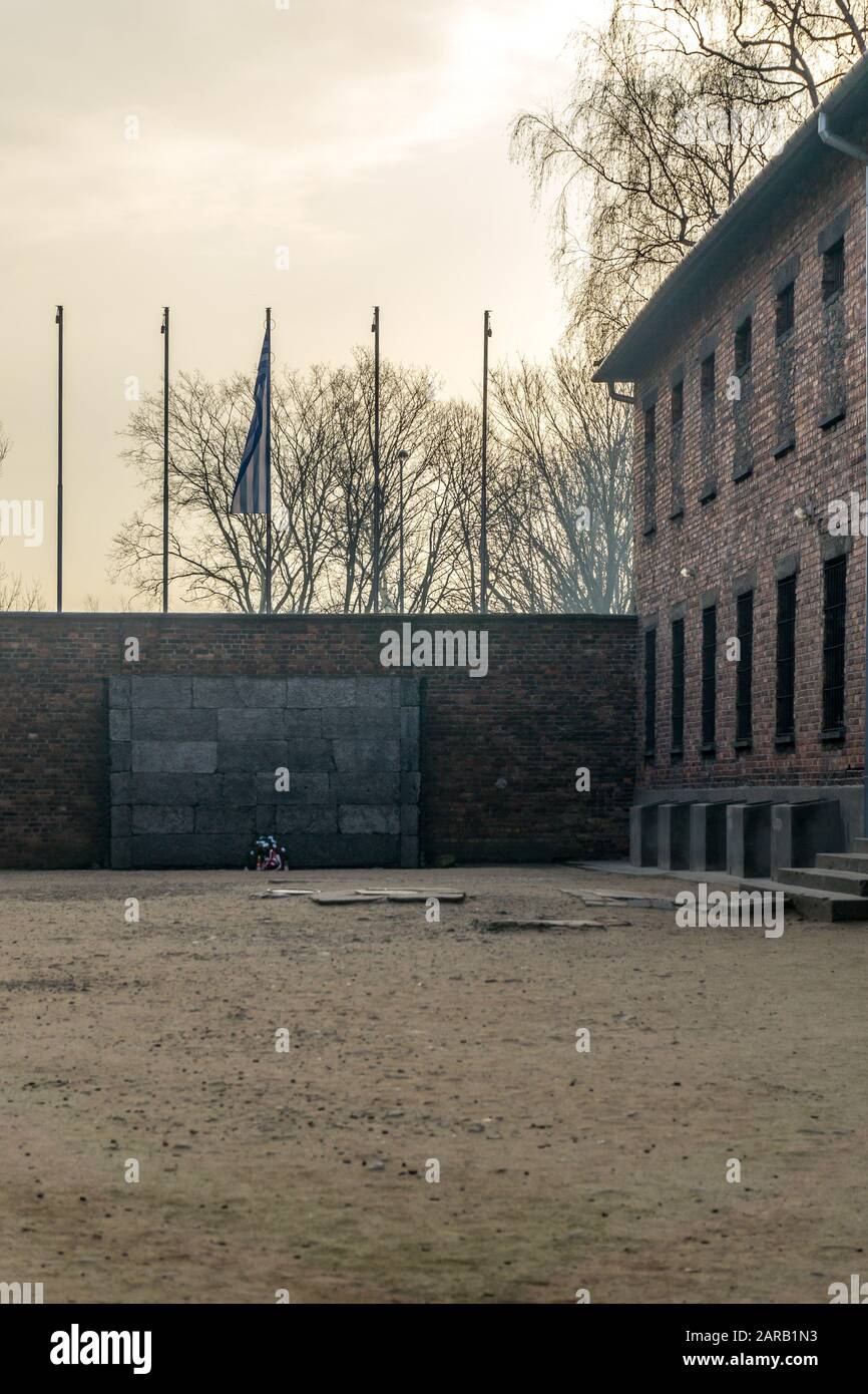 Death wall in the execution yard at Auschwitz concentration camp, Oświęcim, Poland Stock Photo