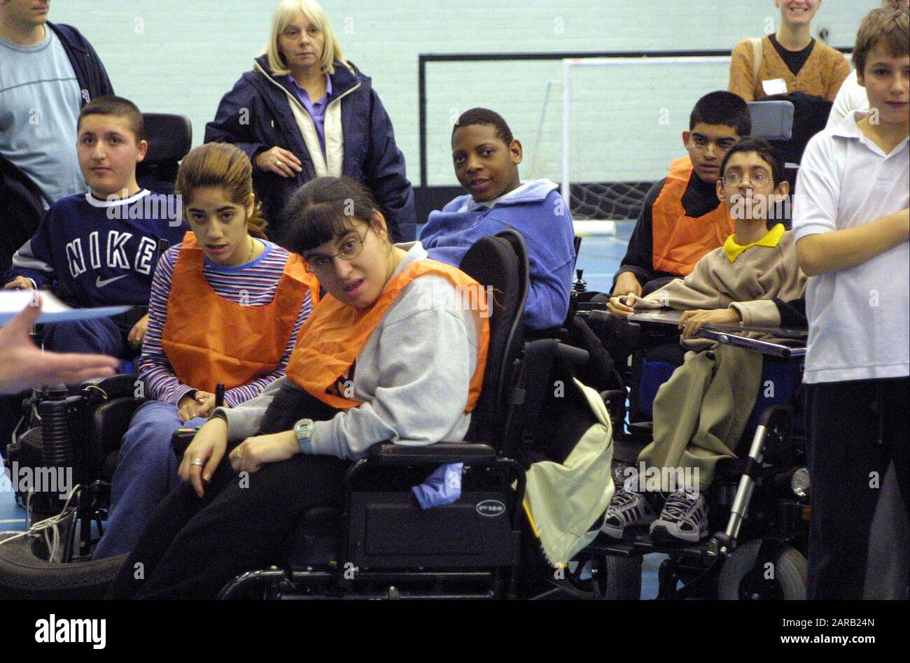 Special need school classroom scene with secondary students in wheelchairs Stock Photo