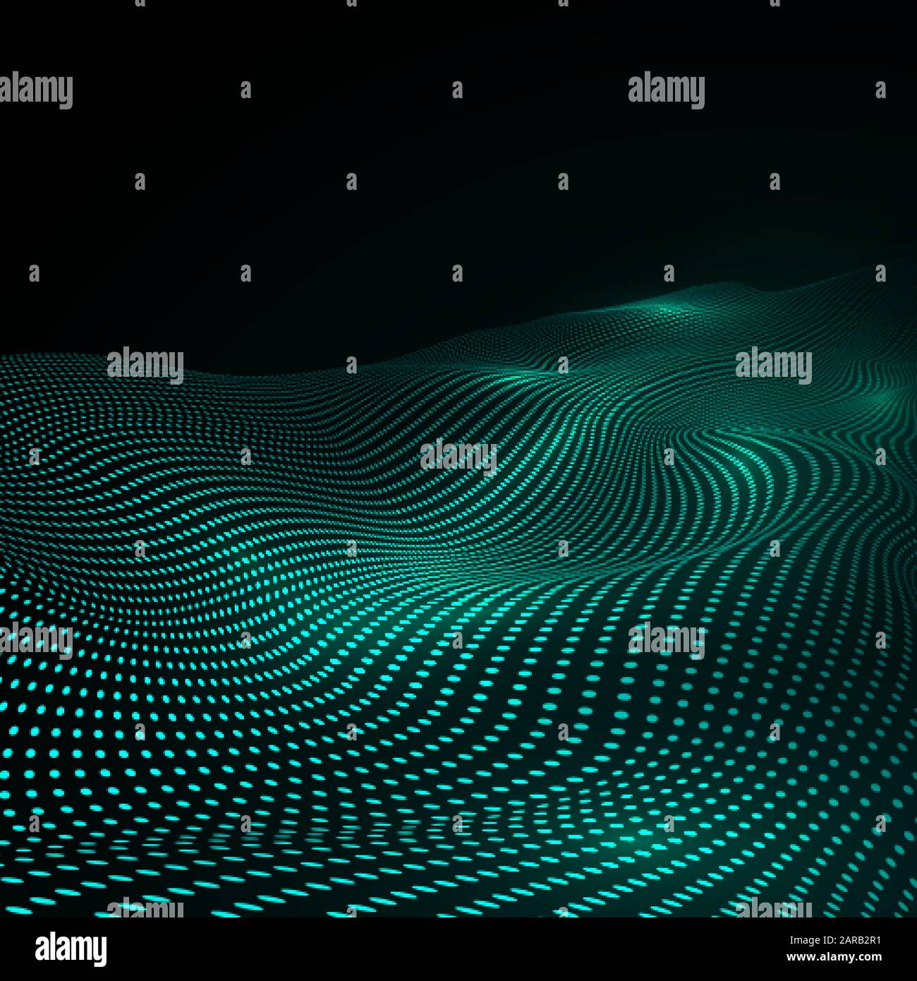 Cyber or technology background in green colors. Warp surface of matter. Abstract digital landscape with flowing particles. Vector illustration Stock Vector