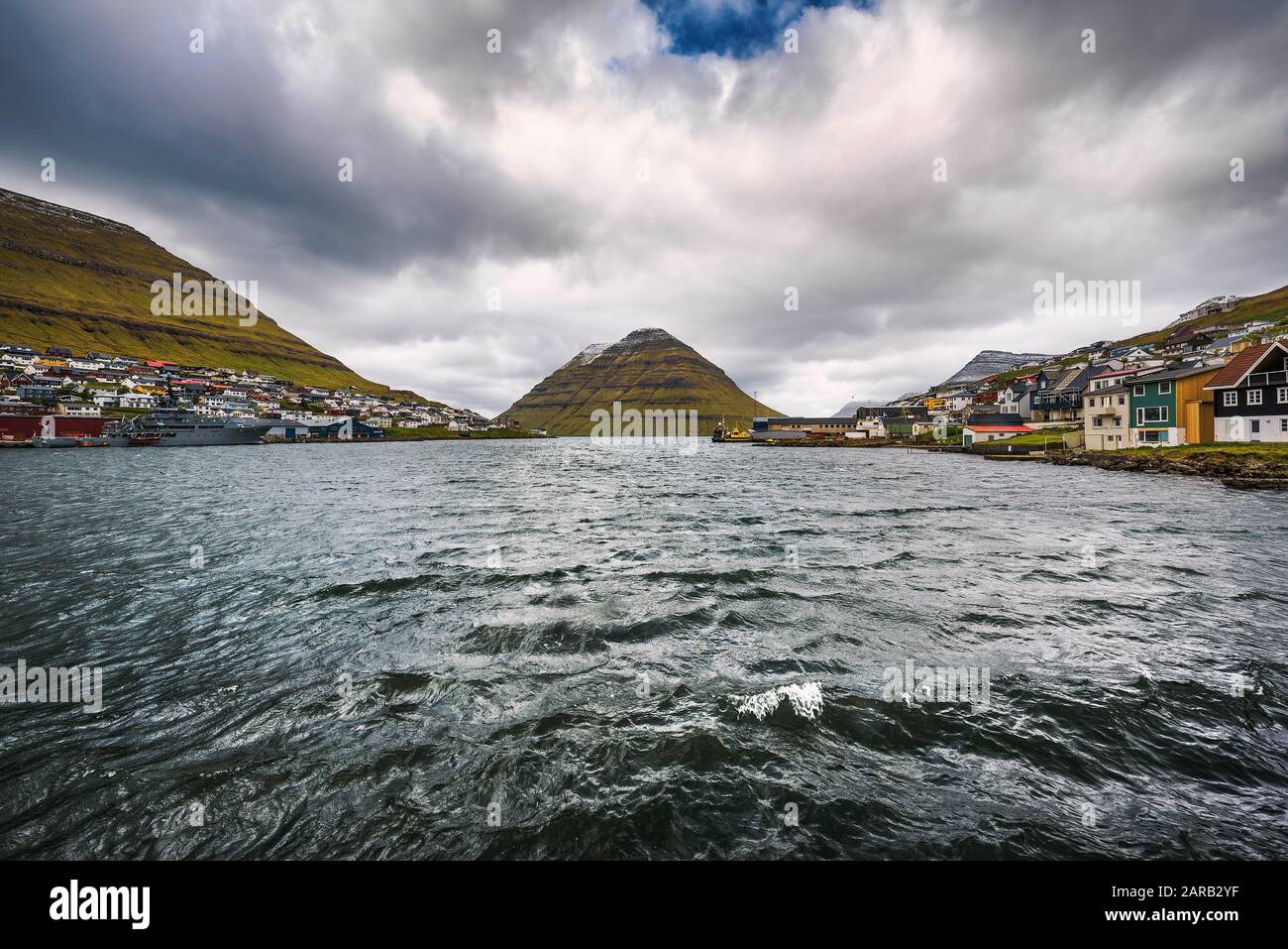 The island of Kunoy viewed from city of Klaksvik in the Faroe Islands, Denmark Stock Photo